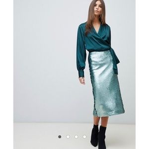 ✨ Mango Premium Sequins Mermaid Metallic Zipper High Waisted Midi Pencil Skirt